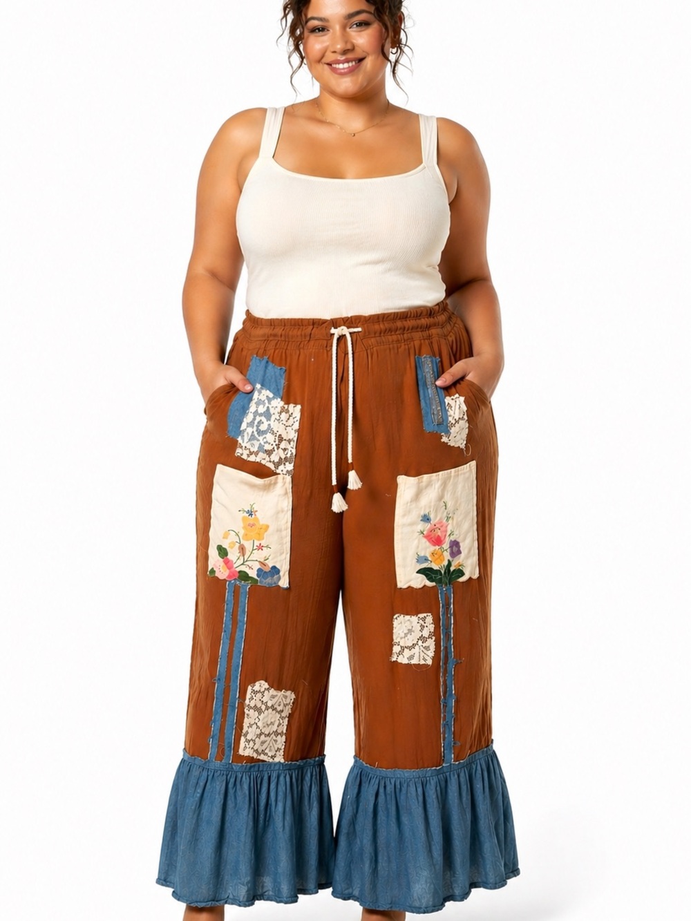 Upcycled Plus Size Brown Patchwork Wide-Leg Pants with Denim Ruffle
